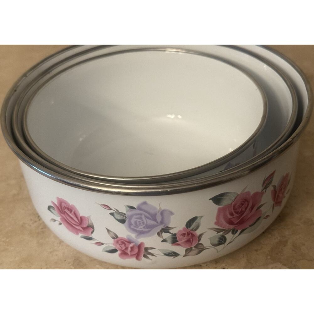 GMI Enamel Floral Bowls Set of 3 Pink Purple Rose 6-8" Glossy Dishwasher Safe